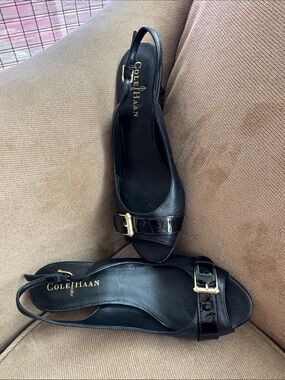 Cole Haan Black Patent Leather Slingback Peep Toe Heels with Gold Buckle